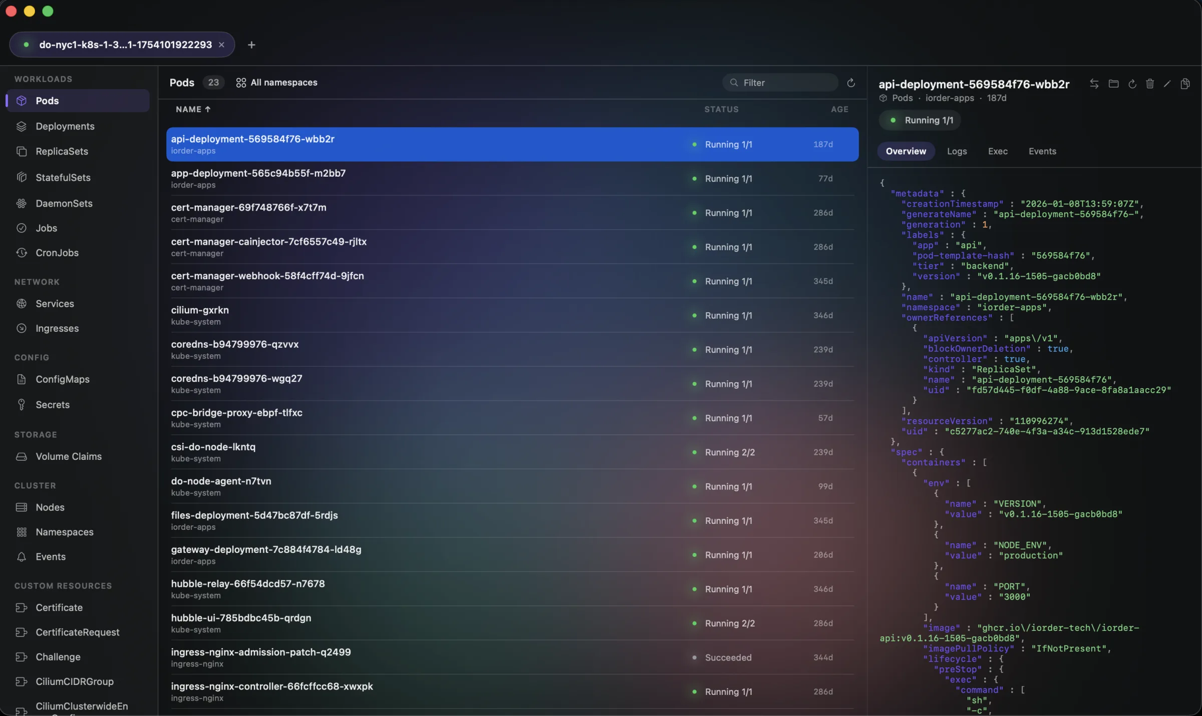 Barney Kube showing a Kubernetes cluster — pods across namespaces with live status and a pod's manifest