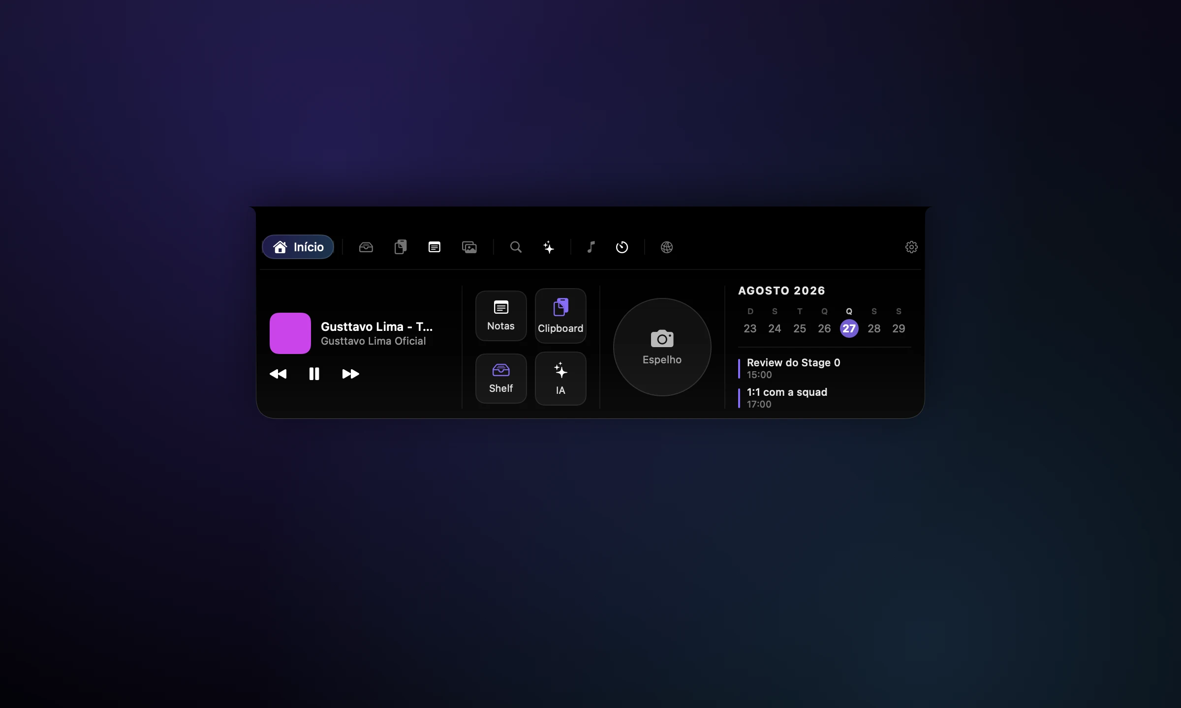 Cortex Shelf expanded over the Mac notch — mini player, shortcuts, camera mirror and today's agenda